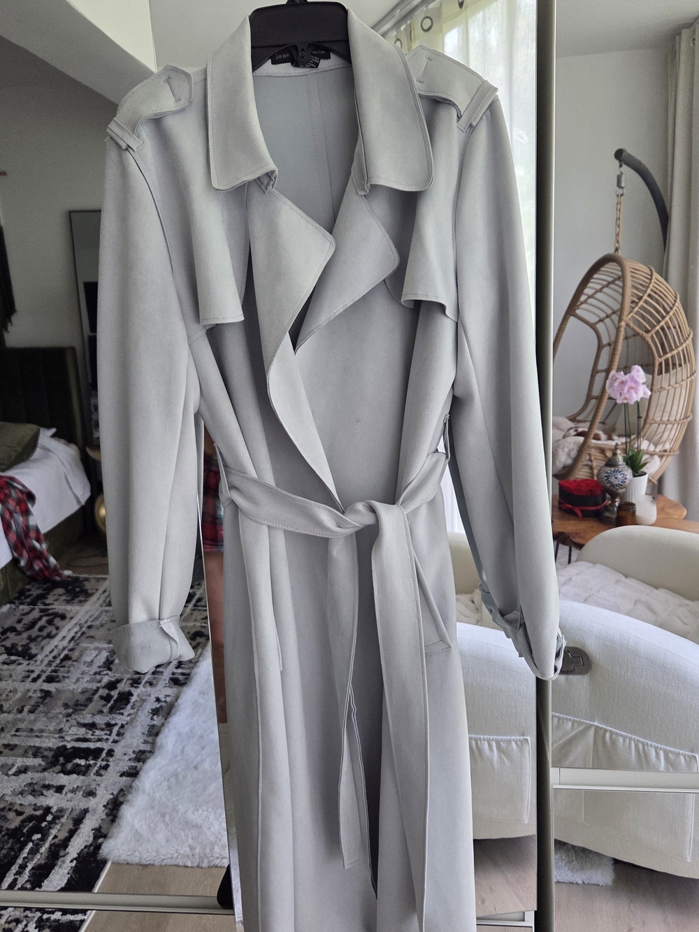 Joan Vass Light Gray Blue Trench Coat with Tie Belt